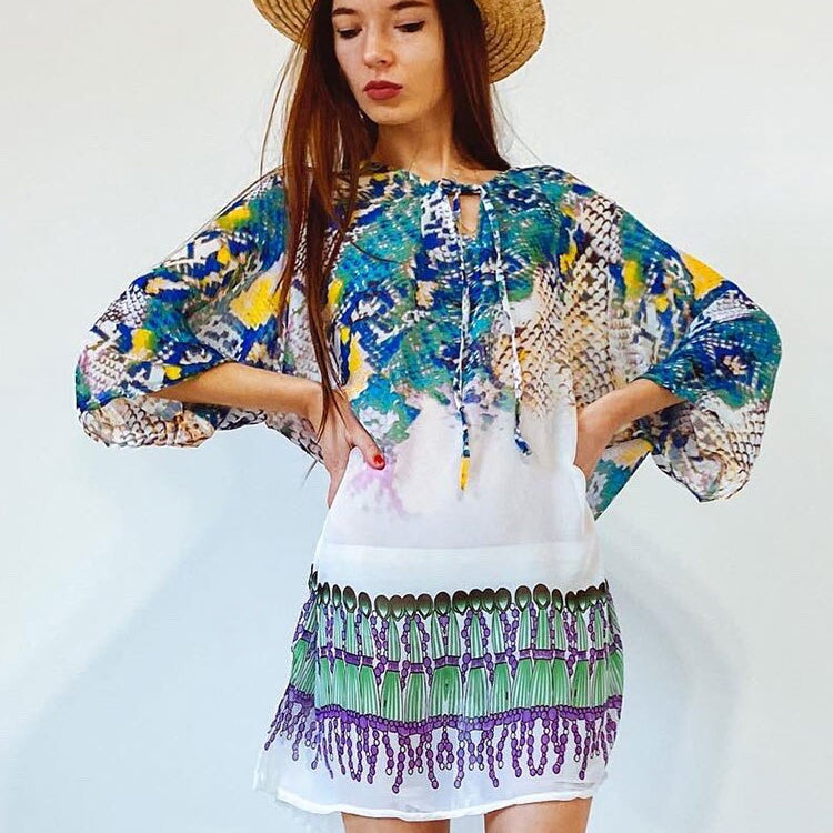 Beach Caftan Swimsuit Cover up Print Chiffon Pareo Women Robe Plage