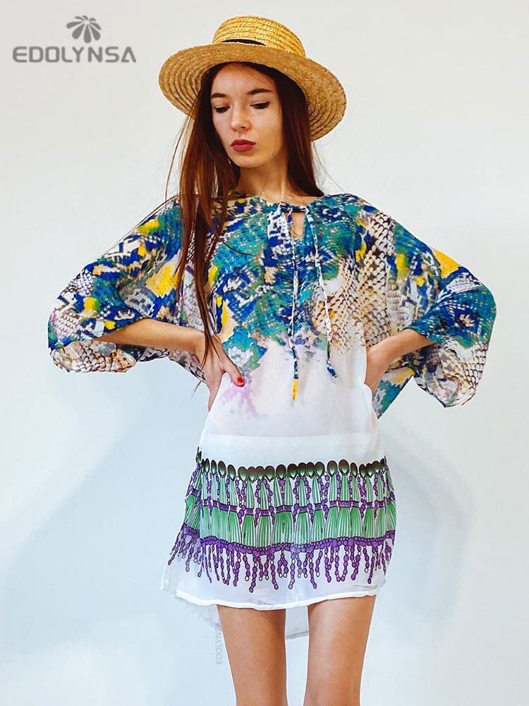 Beach Caftan Swimsuit Cover up Print Chiffon Pareo Women Robe Plage
