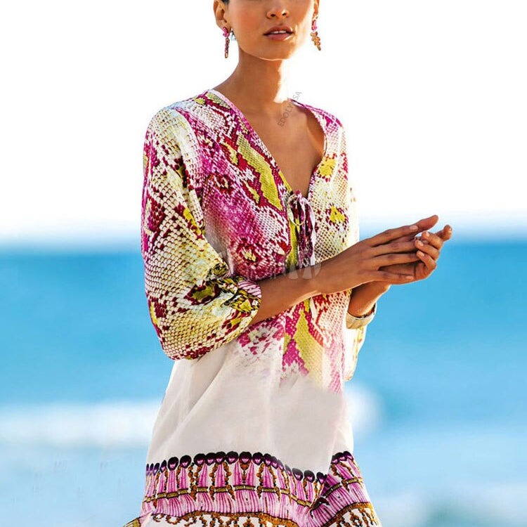 Beach Caftan Swimsuit Cover up Print Chiffon Pareo Women Robe Plage