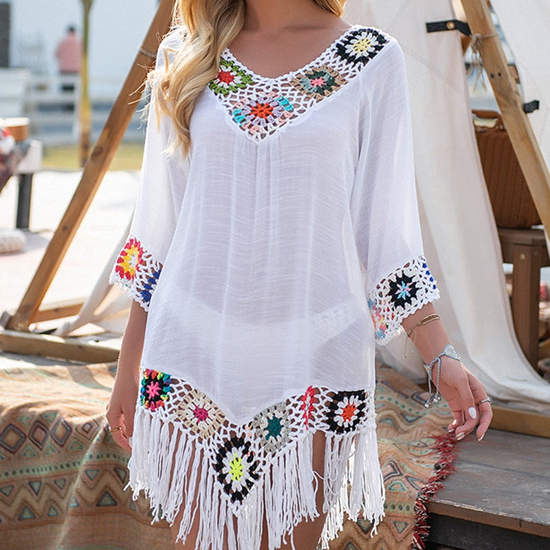 Beach Cover Up Crochet Knitted Tassel Tie Beachwear Tunic Long Pareos Summer