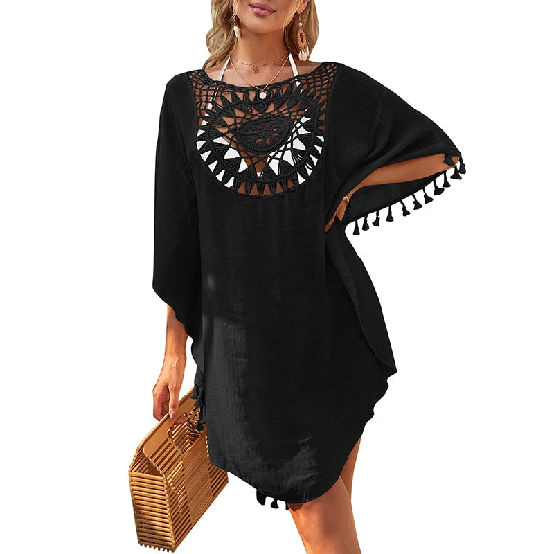 Beach Cover Up Crochet Knitted Tassel Tie Beachwear Tunic Long Pareos Summer black-02 One Size