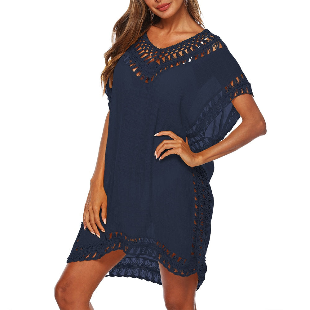 Beach Cover Up Crochet Knitted Tassel Tie Beachwear Tunic Long Pareos Summer blue-01 One Size