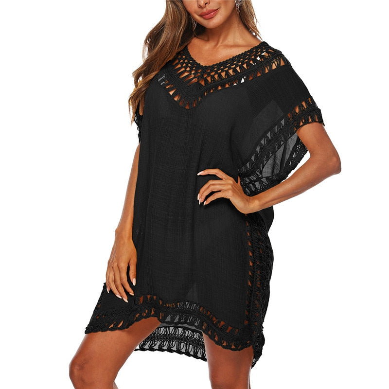 Beach Cover Up Crochet Knitted Tassel Tie Beachwear Tunic Long Pareos Summer black-01 One Size