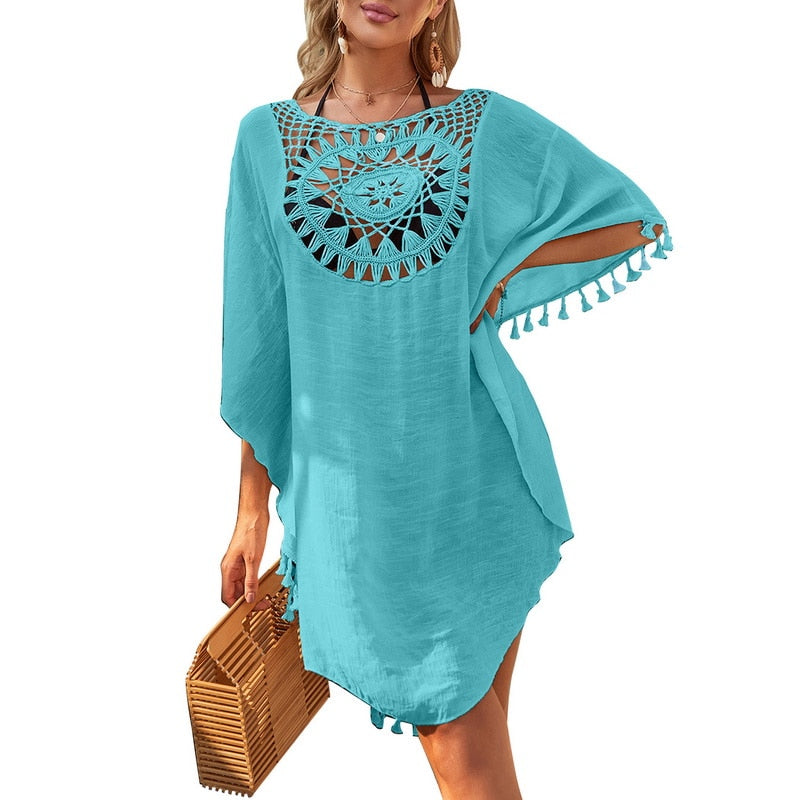 Beach Cover Up Crochet Knitted Tassel Tie Beachwear Tunic Long Pareos Summer blue-02 One Size