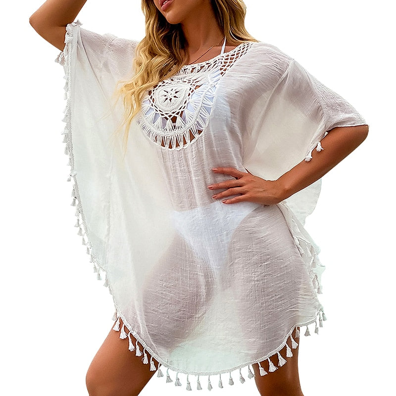Beach Cover Up Crochet Knitted Tassel Tie Beachwear Tunic Long Pareos Summer white One Size