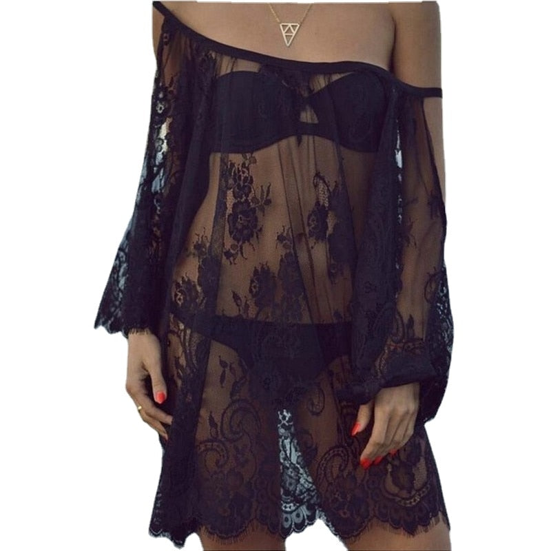 Beach Cover Up Pareo Playa Coverup Dress Vestido Livre Swimsuit Wear Swimwear White Lace Women Beachwear