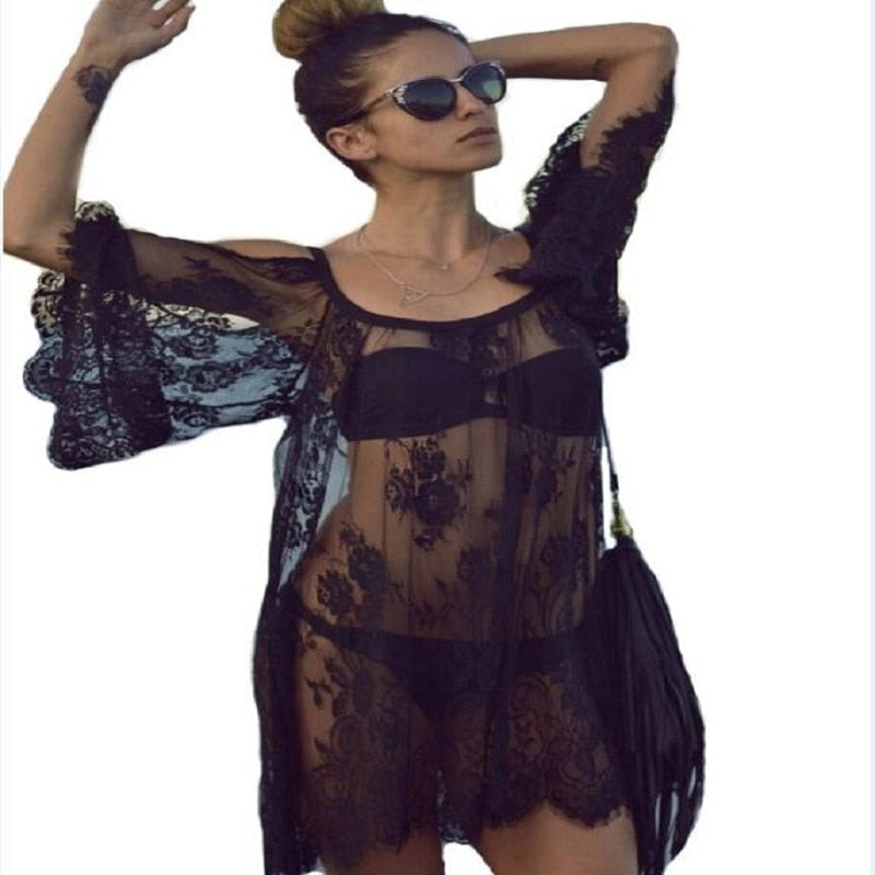 Beach Cover Up Pareo Playa Coverup Dress Vestido Livre Swimsuit Wear Swimwear White Lace Women Beachwear black dress