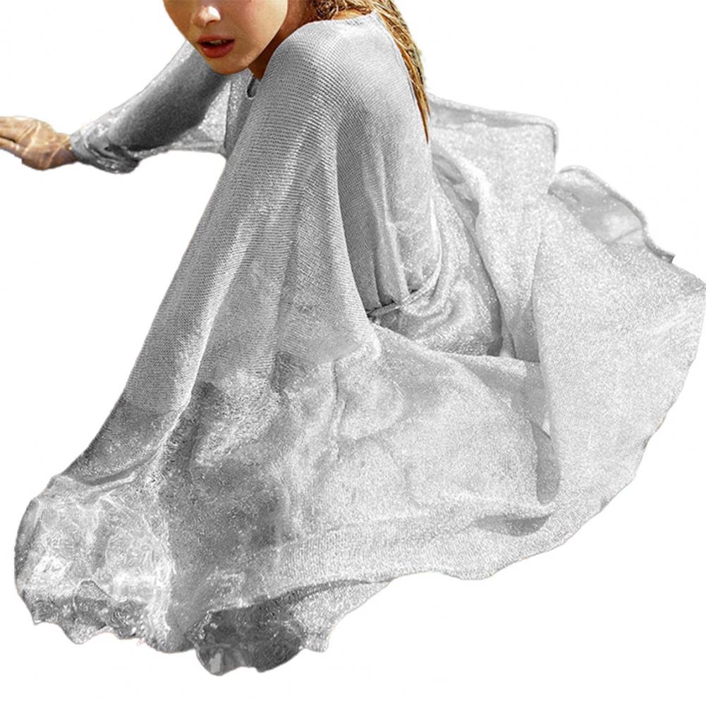 Beach Cover Up Sun Protection Swimsuit Belt Shine Mesh Sexy Summer Kimono Beachwear Pareos Kaftan Bikini Cover Up Sarong Silver White One Size