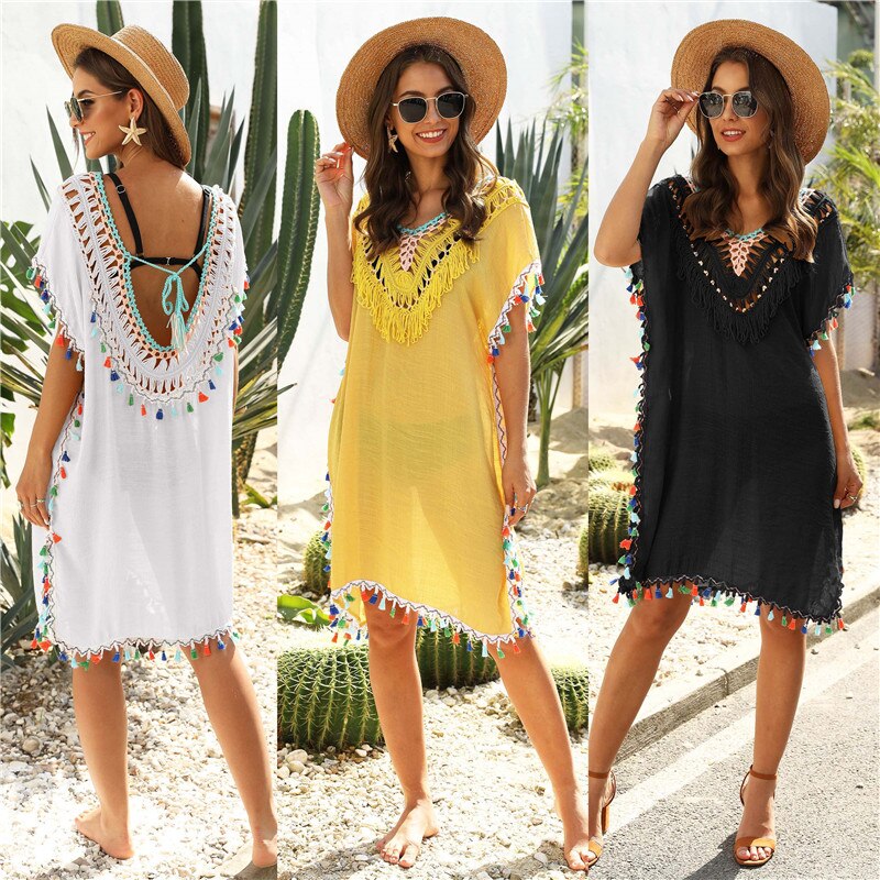 Beach Cover Up for Swimwear Tunic Fringe Ups Swim Bikini Ladies Dress Yellow