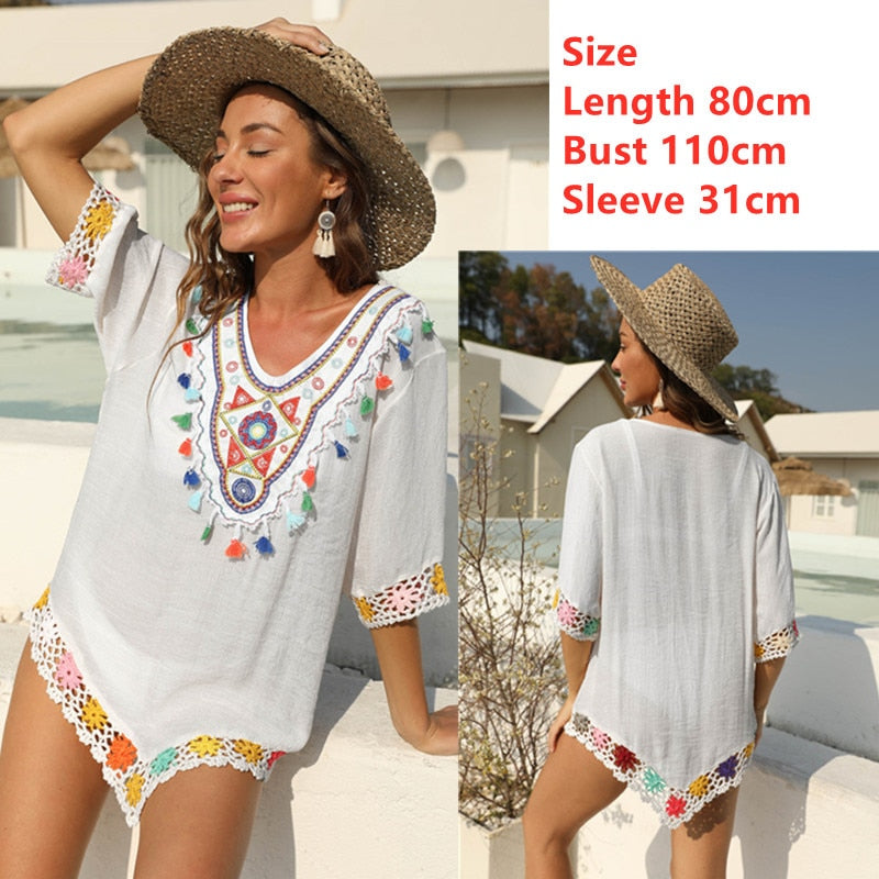 Beach Cover Up for Swimwear Tunic Fringe Ups Swim Bikini Ladies Dress Yellow white dress