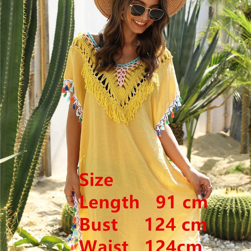 Beach Cover Up for Swimwear Tunic Fringe Ups Swim Bikini Ladies Dress Yellow