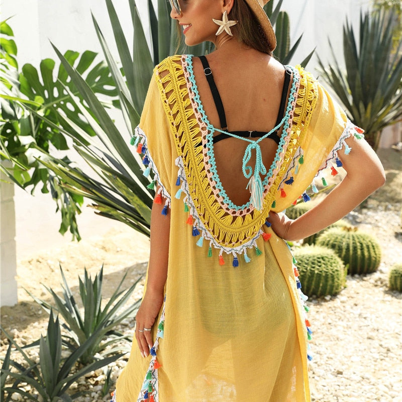 Beach Cover Up for Swimwear Tunic Fringe Ups Swim Bikini Ladies Dress Yellow
