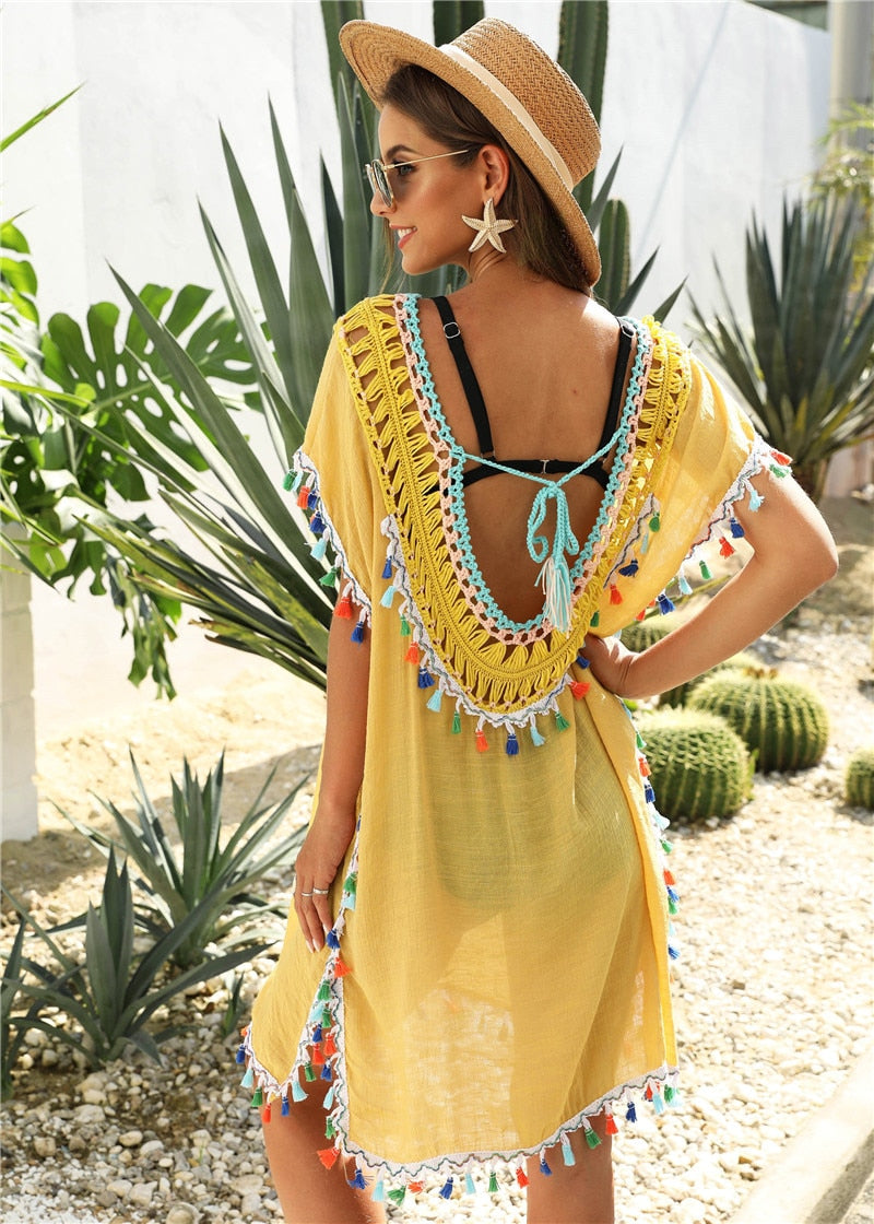 Beach Cover Up for Swimwear Tunic Fringe Ups Swim Bikini Ladies Dress Yellow