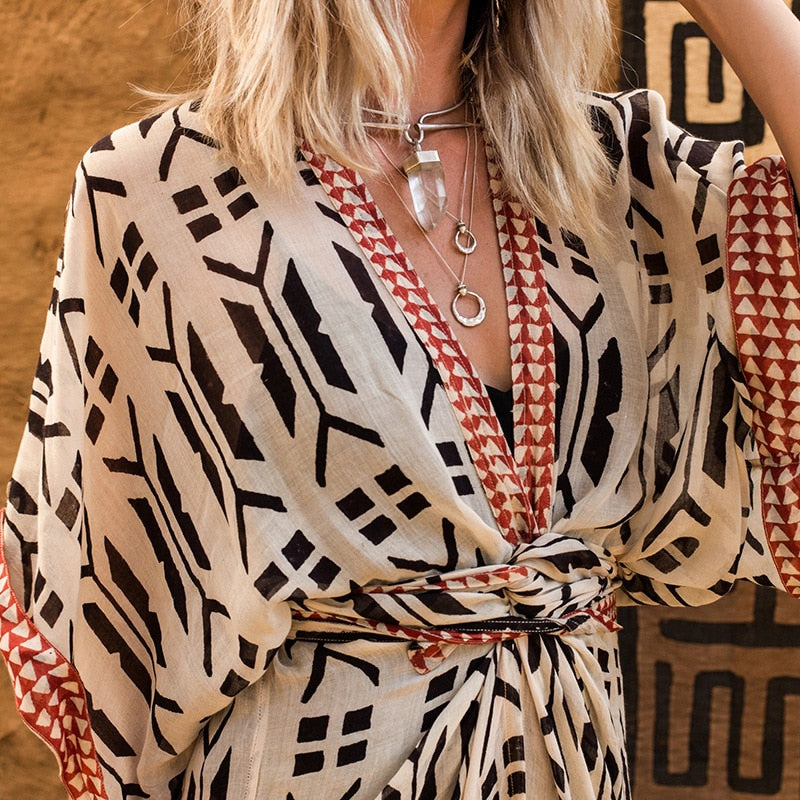 Beach Cover Ups for Swimwear Swimsuit Cape Geometric Printed Long Sleeve Self Belted Wrap Dresses Tunic Bathing Suit