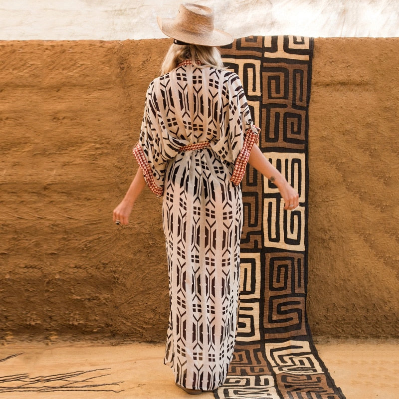 Beach Cover Ups for Swimwear Swimsuit Cape Geometric Printed Long Sleeve Self Belted Wrap Dresses Tunic Bathing Suit