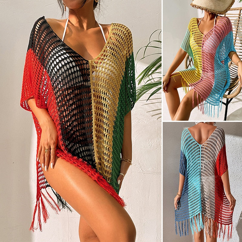 Beach Cover Ups for Women Swimwear Pareos - Cape Up Dresses Pink Red Boho Dress Fringe V Neck Bikini Trend Bohemian Tunic