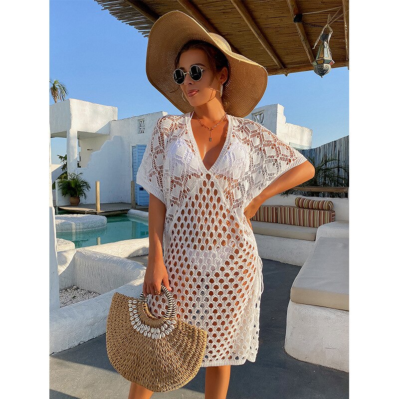 Beach Dress Trend Women Sexy Fishnet Swimming Cover Up - Orange Knit Swimwear Streetwear Luxo Feminino Hole Fork Party Tunic White