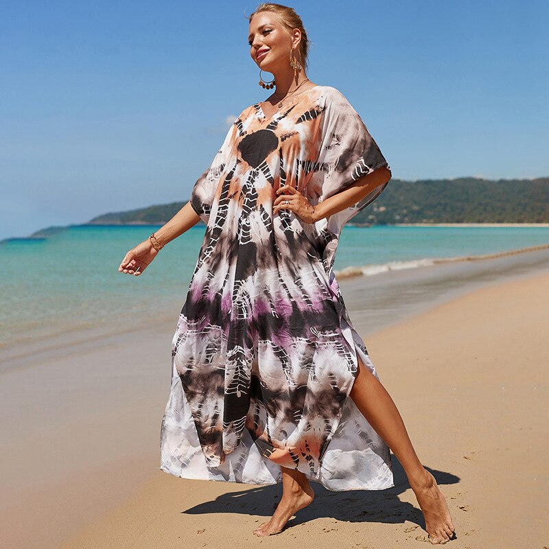 Beach Dresses Bird Bohemian Kaftans - New Loose Bikini Cover Ups Maxi Robe Elegant Bathing Suits Style-15 One Size