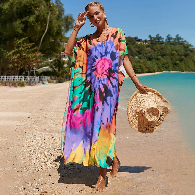 Beach Dresses Bird Bohemian Kaftans - New Loose Bikini Cover Ups Maxi Robe Elegant Bathing Suits Style-34 One Size