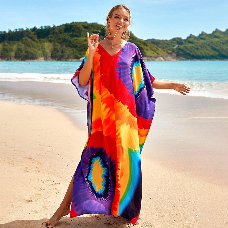 Beach Dresses Bird Bohemian Kaftans - New Loose Bikini Cover Ups Maxi Robe Elegant Bathing Suits Style-8 One Size