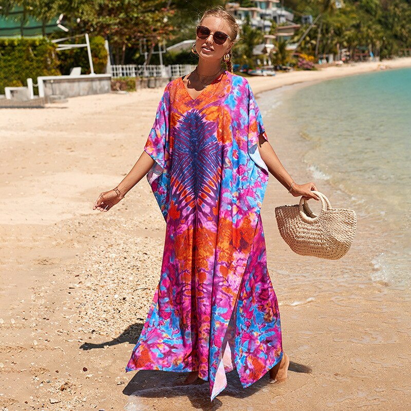 Beach Dresses Bird Bohemian Kaftans - New Loose Bikini Cover Ups Maxi Robe Elegant Bathing Suits Style-25 One Size