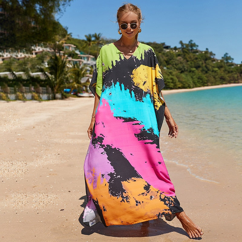 Beach Dresses Bird Bohemian Kaftans - New Loose Bikini Cover Ups Maxi Robe Elegant Bathing Suits Style-30 One Size