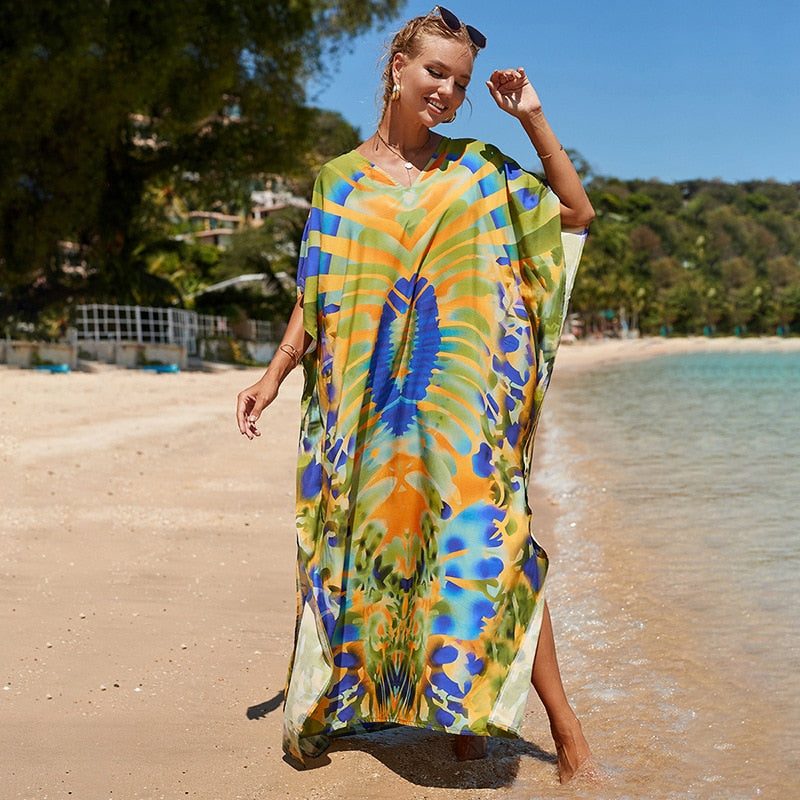 Beach Dresses Bird Bohemian Kaftans - New Loose Bikini Cover Ups Maxi Robe Elegant Bathing Suits Style-26 One Size