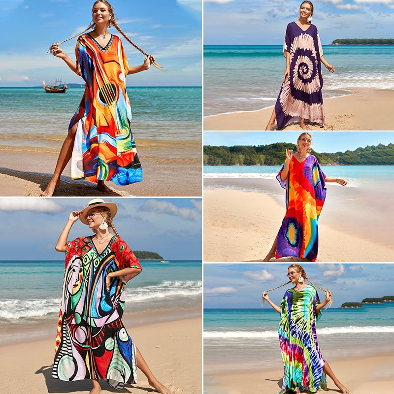 Beach Dresses Bird Bohemian Kaftans - New Loose Bikini Cover Ups Maxi Robe Elegant Bathing Suits