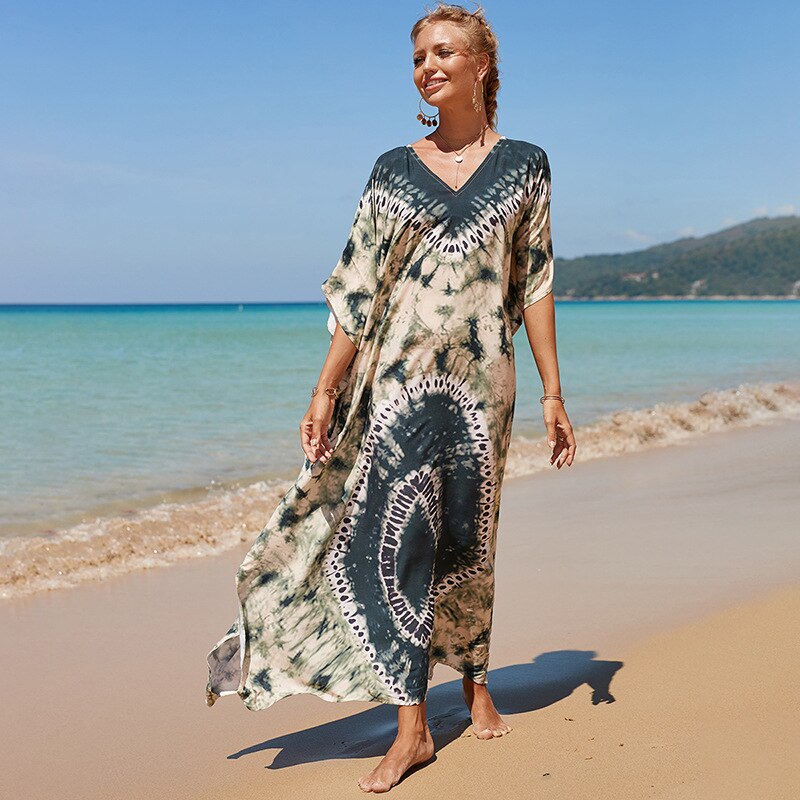Beach Dresses Bird Bohemian Kaftans - New Loose Bikini Cover Ups Maxi Robe Elegant Bathing Suits Style-17 One Size