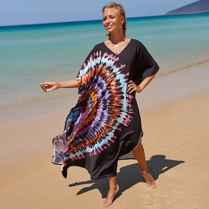 Beach Dresses Bird Bohemian Kaftans - New Loose Bikini Cover Ups Maxi Robe Elegant Bathing Suits Style-12 One Size