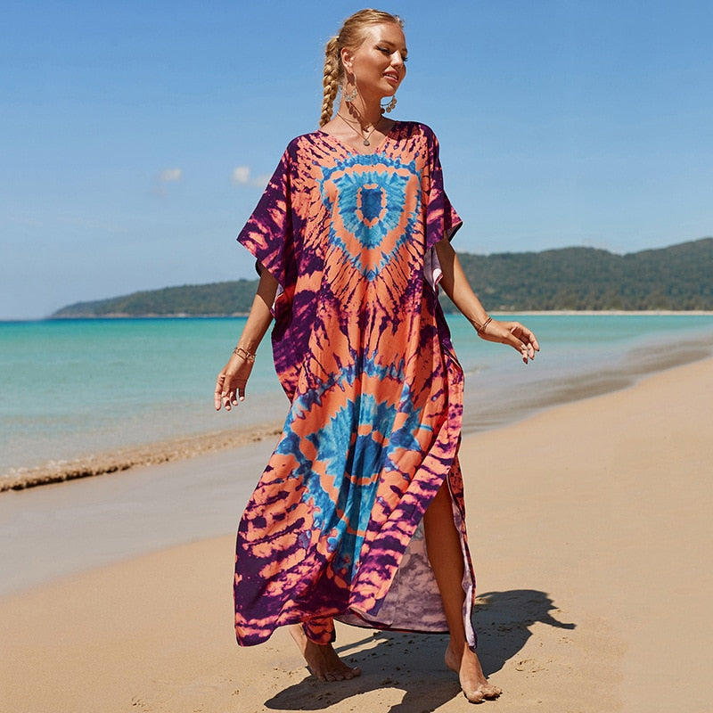Beach Dresses Bird Bohemian Kaftans - New Loose Bikini Cover Ups Maxi Robe Elegant Bathing Suits Style-19 One Size