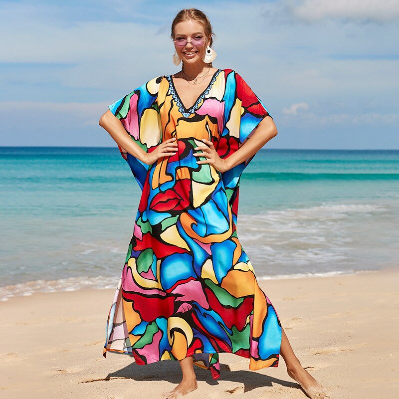 Beach Dresses Bird Bohemian Kaftans - New Loose Bikini Cover Ups Maxi Robe Elegant Bathing Suits