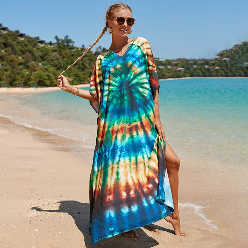 Beach Dresses Bird Bohemian Kaftans - New Loose Bikini Cover Ups Maxi Robe Elegant Bathing Suits Style-28 One Size