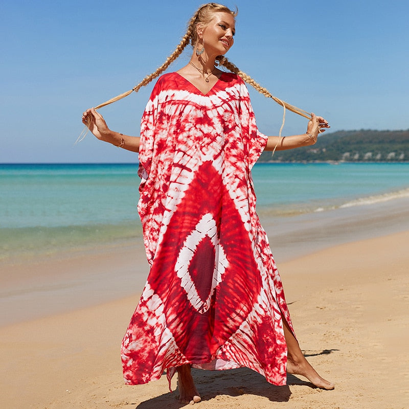 Beach Dresses Bird Bohemian Kaftans - New Loose Bikini Cover Ups Maxi Robe Elegant Bathing Suits Style-36 One Size