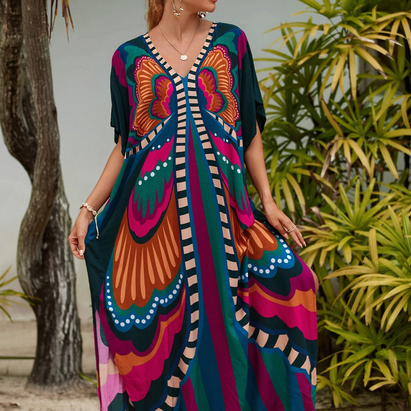 Beach Dresses Bird Bohemian Kaftans - New Loose Bikini Cover Ups Maxi Robe Elegant Bathing Suits Style-42 One Size