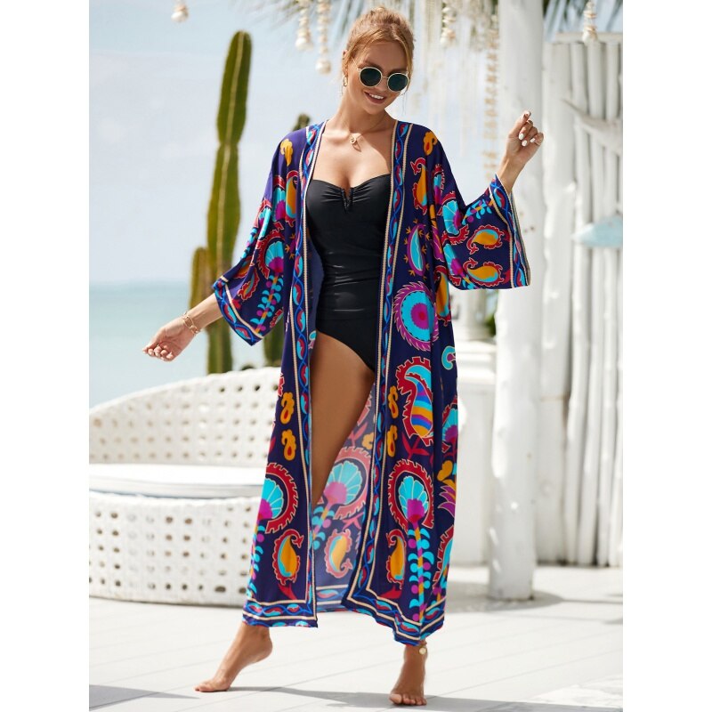 Beach Kimono Africa Printed Cover Ups for Swimwear Self Belted Tunic Pareo Summer Wrap Dresses