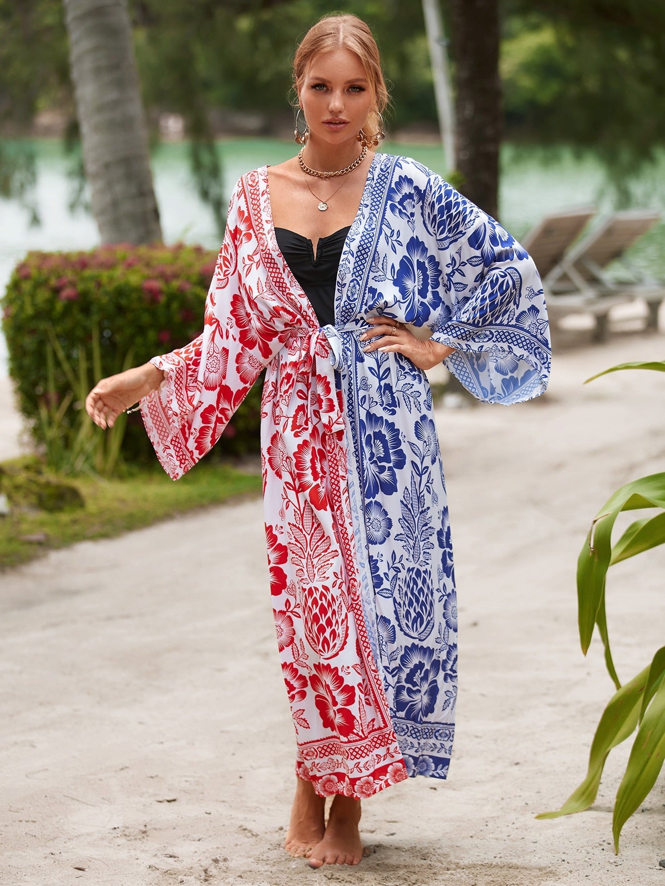 Beach Kimono Africa Printed Cover Ups for Swimwear Self Belted Tunic Pareo Summer Wrap Dresses 8 One Size