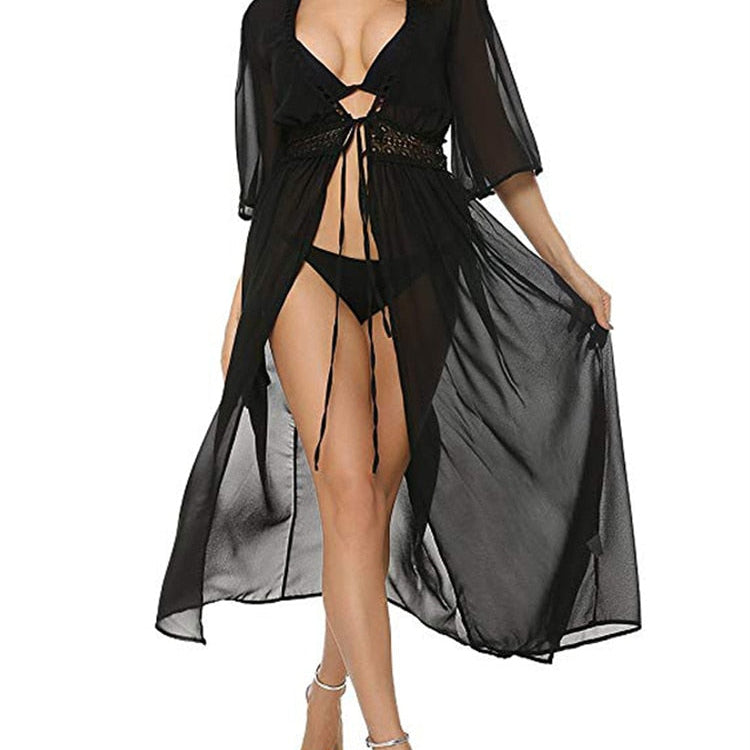 Beach Long Maxi Dress Bikini Cover Up Tunic Pareo White V Neck Dress Robe Swimwear Bathing Suit Beachwear Black