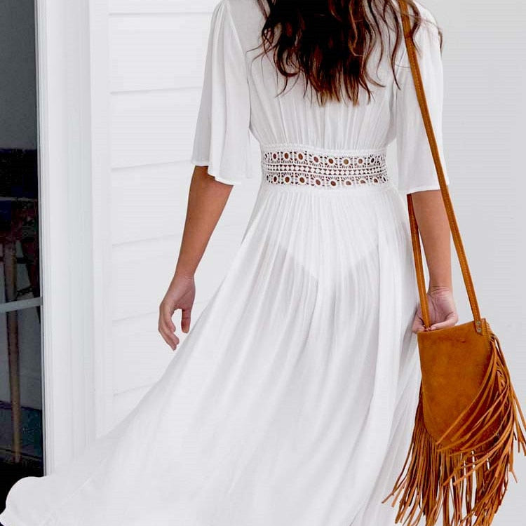 Beach Long Maxi Dress Women Bikini Cover Up Tunic Pareo White V Neck Dress Robe Swimwear Bathing Suit Beachwear