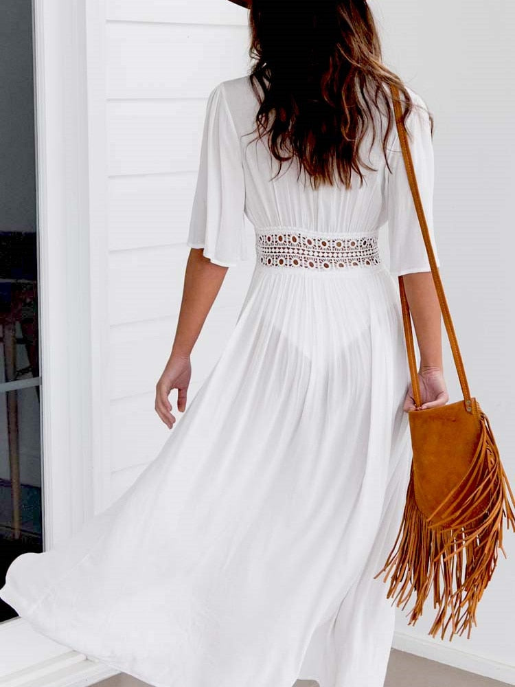 Beach Long Maxi Dress Women Bikini Cover Up Tunic Pareo White V Neck Dress Robe Swimwear Bathing Suit Beachwear