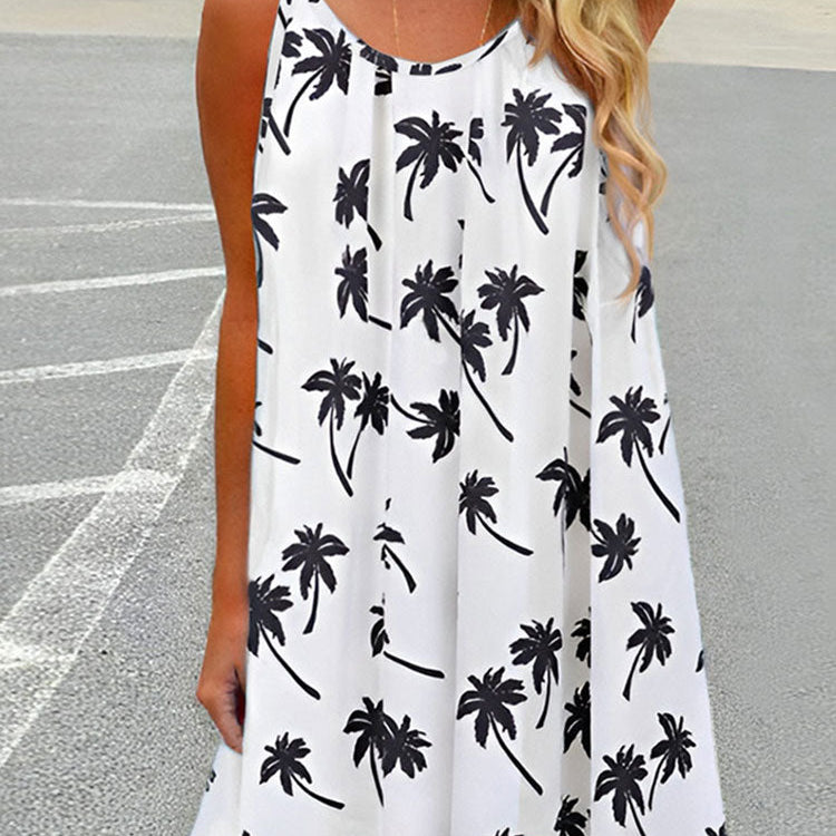 Beach Spaghetti Strap Mini Dress Loose Coconut Tree Print Criss-Cross Short Sundress Hollow Out