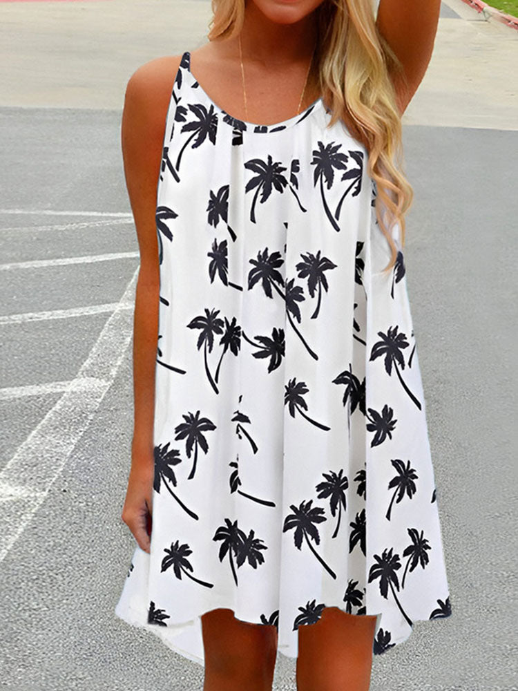 Beach Spaghetti Strap Mini Dress Loose Coconut Tree Print Criss-Cross Short Sundress Hollow Out
