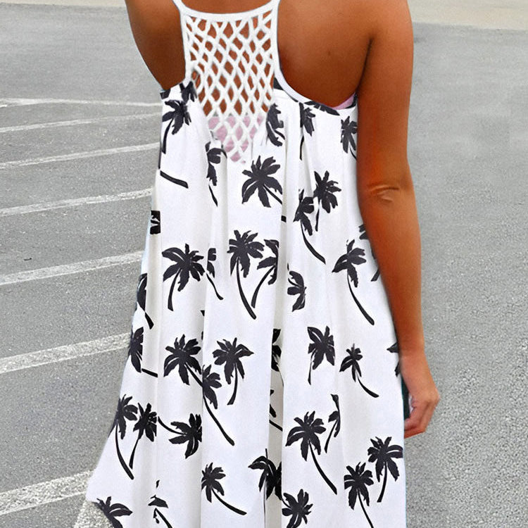 Beach Spaghetti Strap Mini Dress Loose Coconut Tree Print Criss-Cross Short Sundress Hollow Out AMAIO