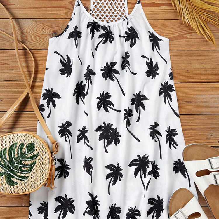 Beach Spaghetti Strap Mini Dress Loose Coconut Tree Print Criss-Cross Short Sundress Hollow Out