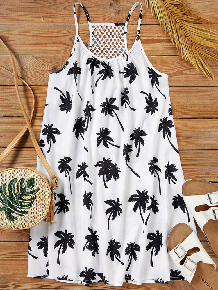 Beach Spaghetti Strap Mini Dress Loose Coconut Tree Print Criss-Cross Short Sundress Hollow Out