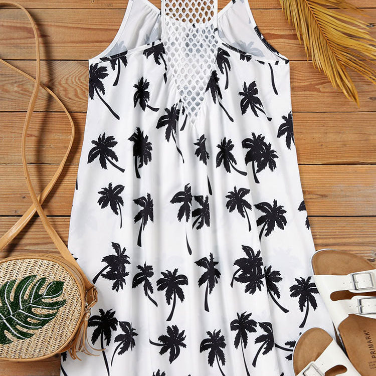 Beach Spaghetti Strap Mini Dress Loose Coconut Tree Print Criss-Cross Short Sundress Hollow Out