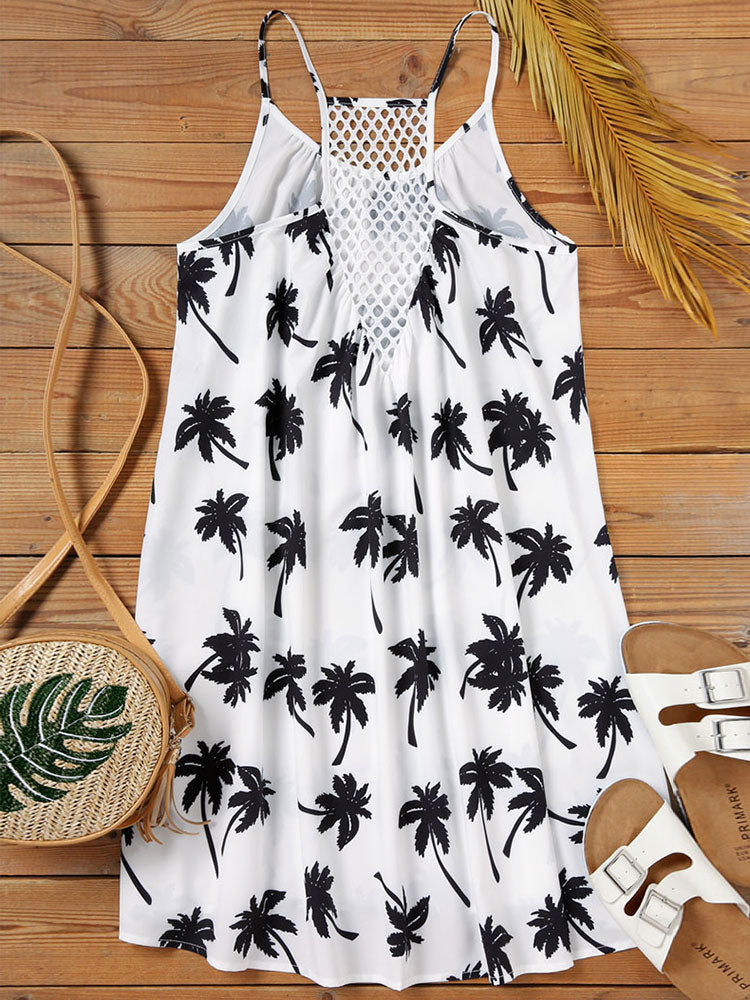 Beach Spaghetti Strap Mini Dress Loose Coconut Tree Print Criss-Cross Short Sundress Hollow Out
