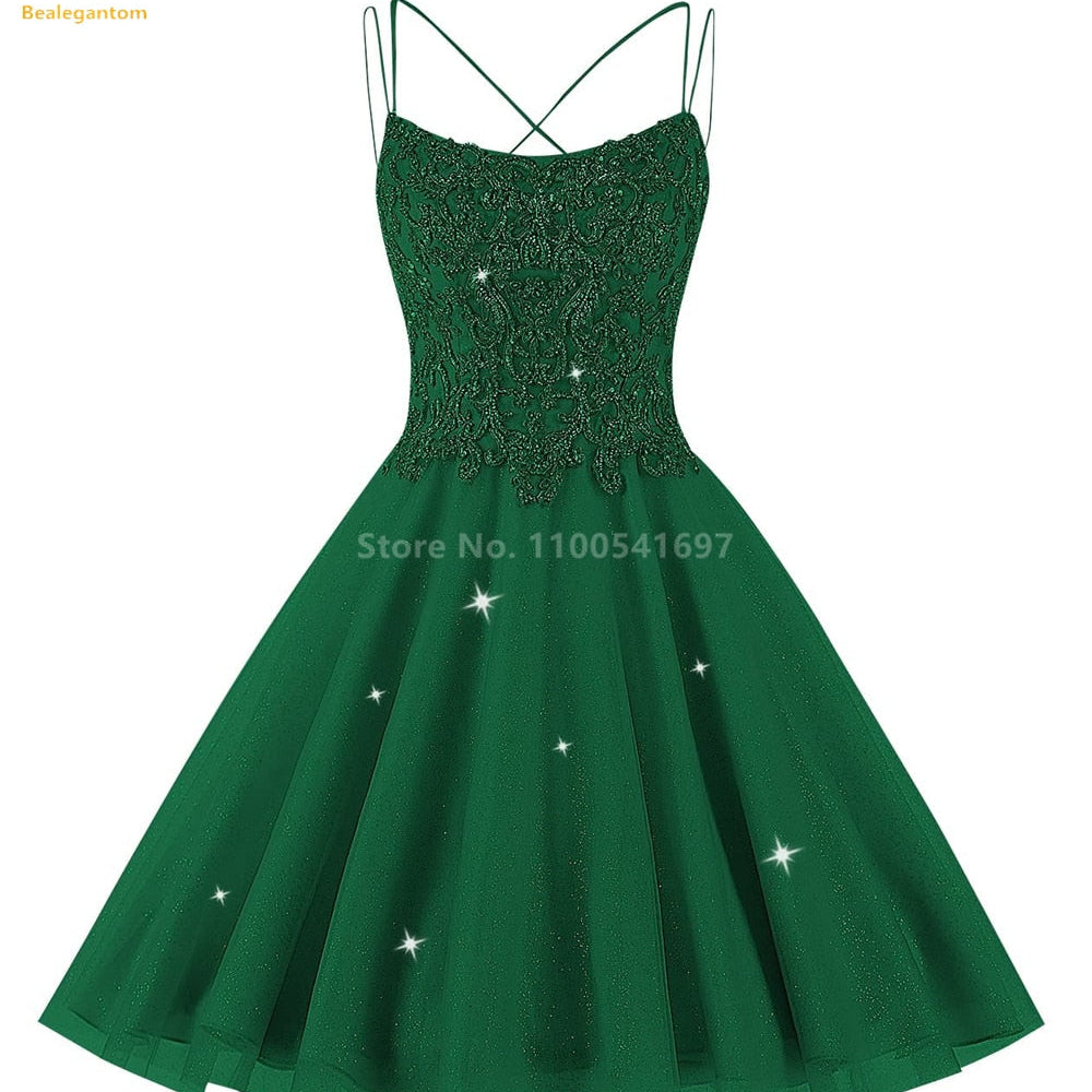 Bealegantom Lace Beaded Spaghetti Homecoming Dresses Sparkly Tulle Pageant Short Prom Party Cocktail Gown Vestidos De Graudation Green