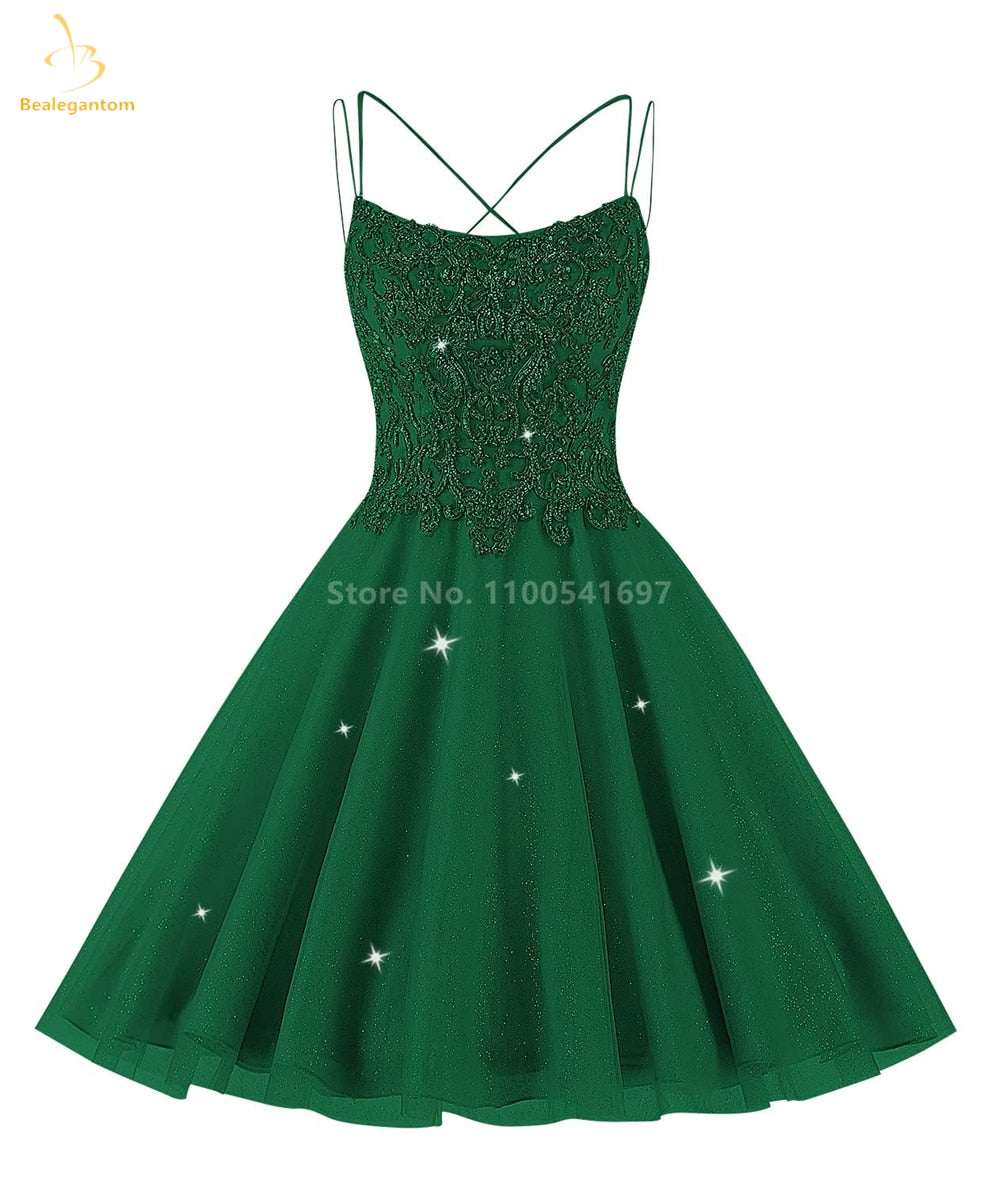 Bealegantom Lace Beaded Spaghetti Homecoming Dresses Sparkly Tulle Pageant Short Prom Party Cocktail Gown Vestidos De Graudation Green