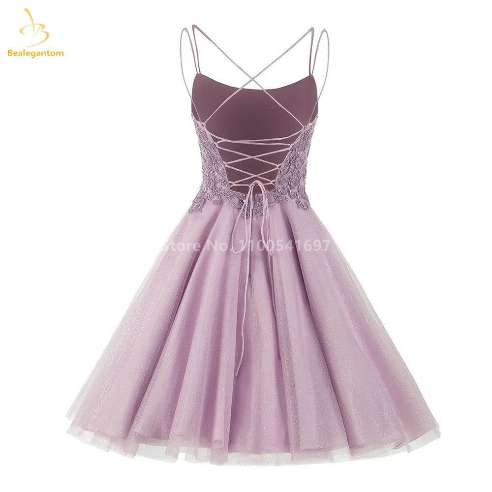 Bealegantom Lace Beaded Spaghetti Homecoming Dresses Sparkly Tulle Pageant Short Prom Party Cocktail Gown Vestidos De Graudation